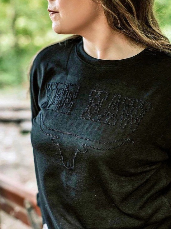 Merigold Kiss Tops - Embroidered Yee Haw Sweatshirt Crewneck Longhorn Black On Black Small Relaxed